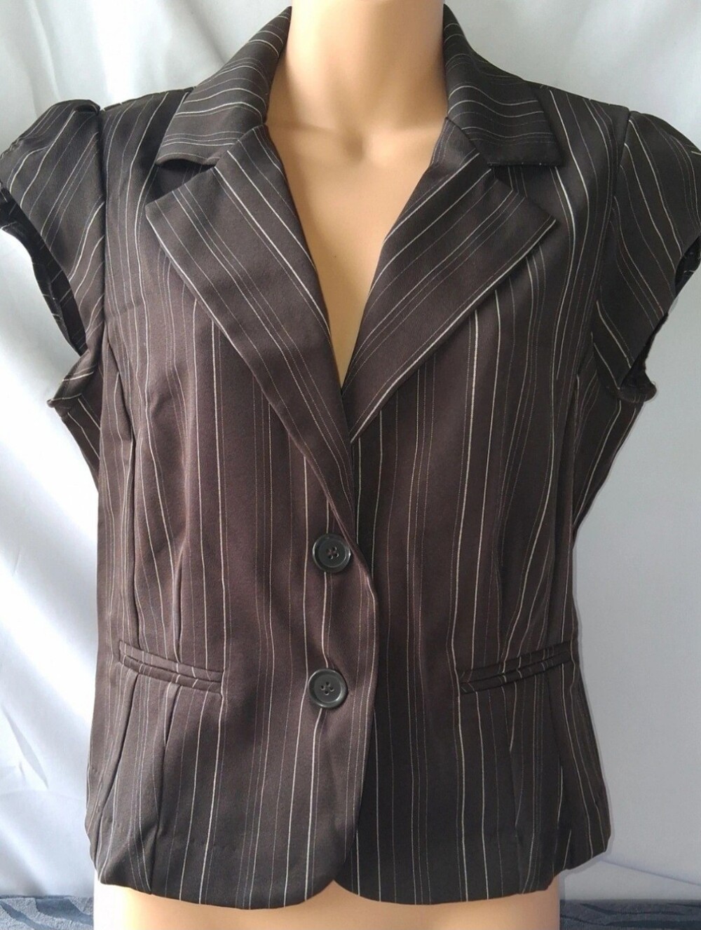 Vintage Y2K Snap Striped Brown Cap-Sleeve Blazer Jacket 9m